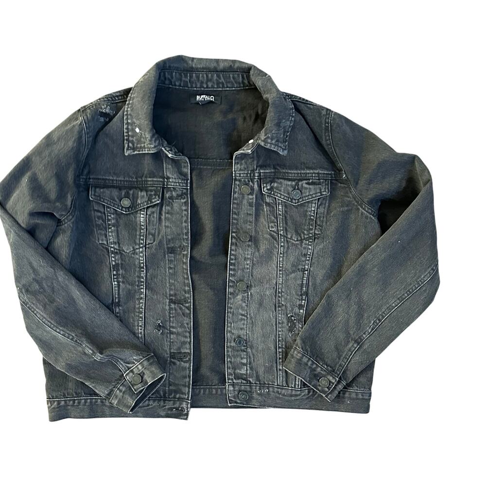 Buffalo Women’s Black Distressed Jean Jacket. Size Medium. Boxy cut
